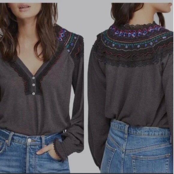 Free People Siesta‎ Fiesta Long Sleeve Boho Y2K Embroidered Top Size Small - Picture 1 of 11